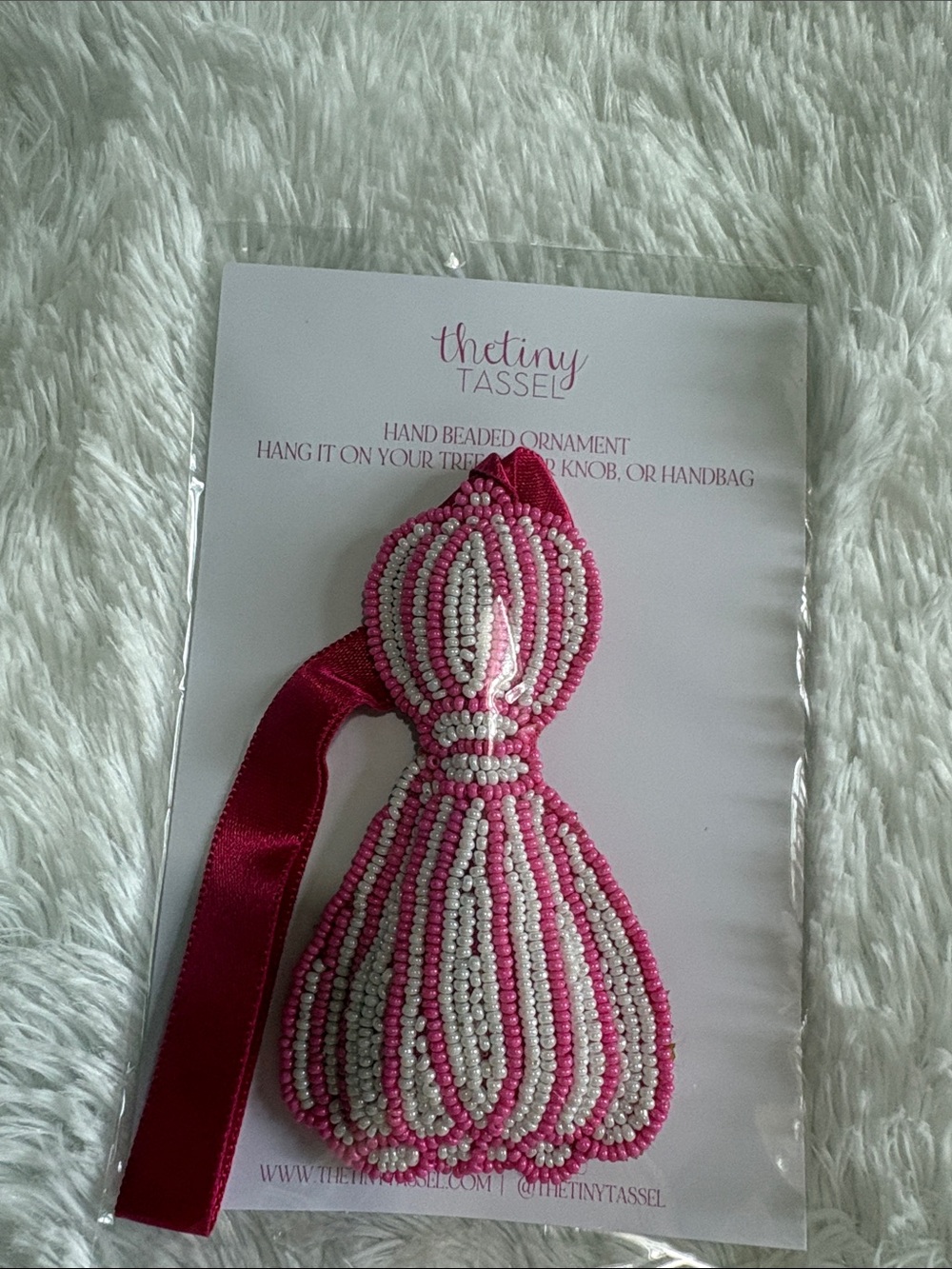 Hand Beaded Pink & White Tassel Ornament NWT